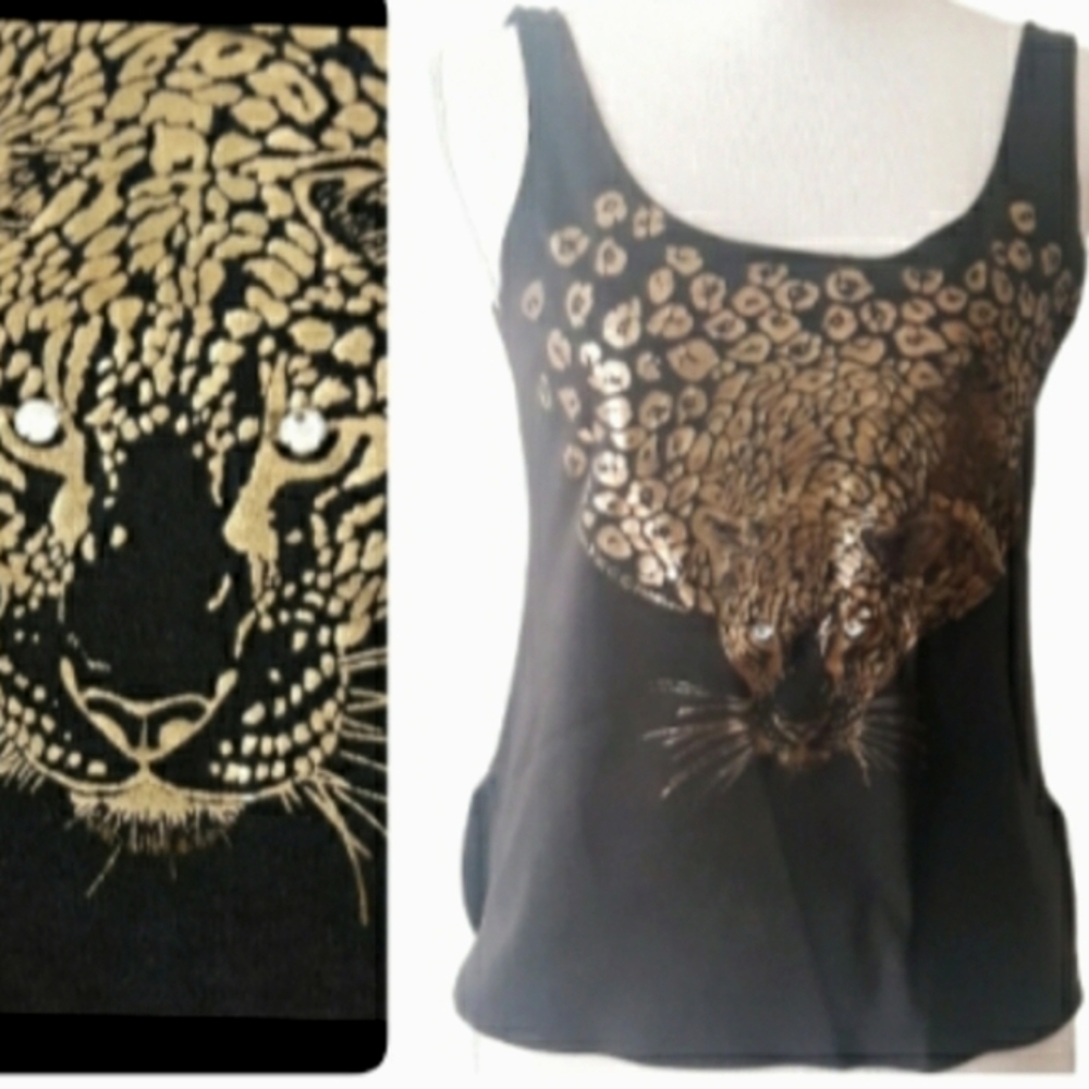 Vintage 90's Magica by Erica Preis Gold Leopard Silk Screen Tank Top Hawaii